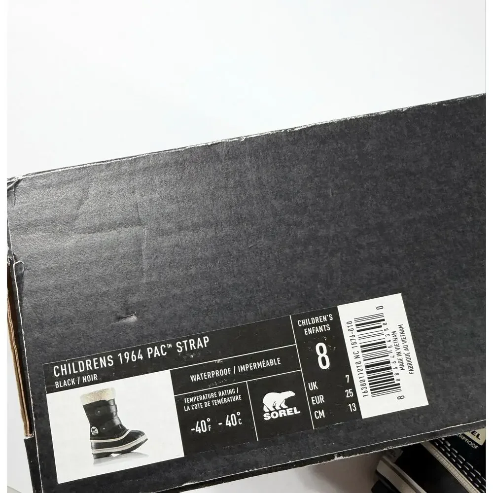 NEW Sorel 1964 Pac Strap Waterproof Snow Winter Boots Black Size 8 toddler kids